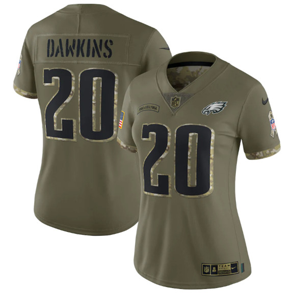 Women's Philadelphia Eagles #20 Brian Dawkins 2022 Olive Salute To Service Limited Stitched Jersey(Run Small)